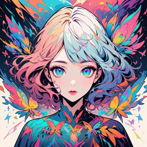 girl，Portraiture，Vector art，Vector art：1.2，Floral：1.1，elements of geometry，Sharp lines，X-ray，Neon Colors]，Beautiful Eyes，Color Palette，Line art，Hair and butterfly makeover，Symmetrical balance，Fantasy elements，Dreamy atmosphere，Geometric symmetry，Soft Light...