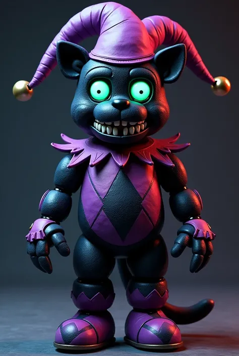 Visualize a black male cat with an big nimatronic design inspired by the style of Five Nights at Freddys.
The cat is wearing a jester or harlequin costume that combines purple and pink. 
The suit has classic geometric patterns of a harlequin, with rhombuse...