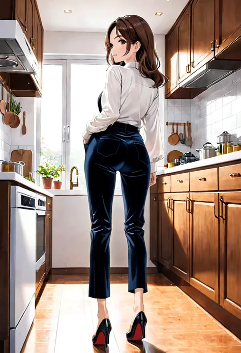 40-year-old Woman Brown hair Black velvet wide-legged pants Kitchen View from behind