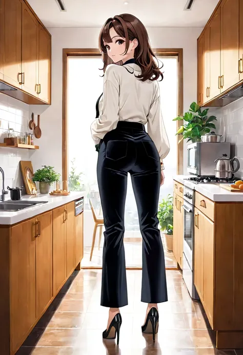 40-year-old Woman Brown hair Black velvet wide-legged pants Kitchen View from behind