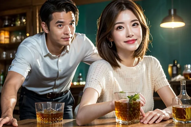 (Realistic, 超Realistic:1.4), 16K HDR, High resolution,Brown short hair,The best smile、Japanese actress,Super beautiful(Like the real thing),Short sleeve dress,Whiskey Bottle、The Macallan、Johnnie Walker、、Old Parr、whiskey、Suntory、Nikka、Slim couple、Model Coup...