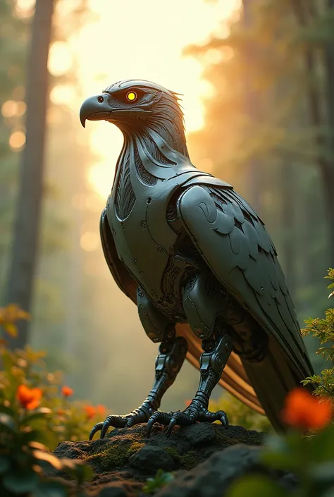 Eagel technological robot in sun rise in tha forest
