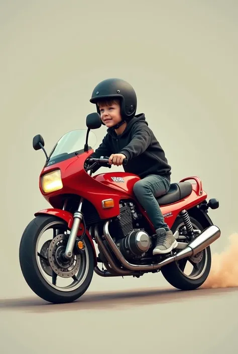 Honda VFR 750 F motorcycle from 1987 and boy with black helmet, black sweatshirt and grey Jordan tennis shoes