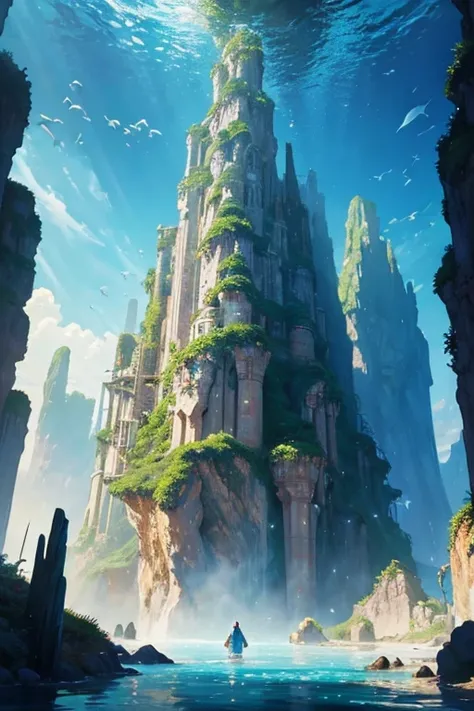 A painting depicting a fantasy world beyond dimensions,Undersea World,Atlantis,SF,Upright,Studio Ghibli,Unreal Engine,A magnificent composition,CG digital rendering,Ultra HD,Highly detailed technology,3 color matching