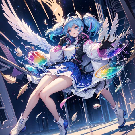 ((Archangel　Fantasy　Rainbow Hair　Dye the inside of your hair rainbow colors　Twin tails　Dull blue eyes))　((Has a galaxy　Uniform　Put on a coat without putting your arms through it))　(((Wings much bigger than mine　Gradation Feather　Glass Feather)))　Pillar of ...