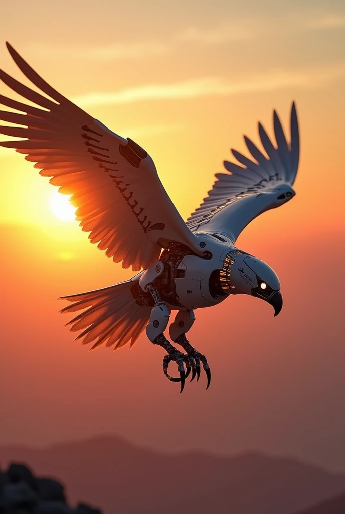 Eagel technological robot in sun rise in tha sky

