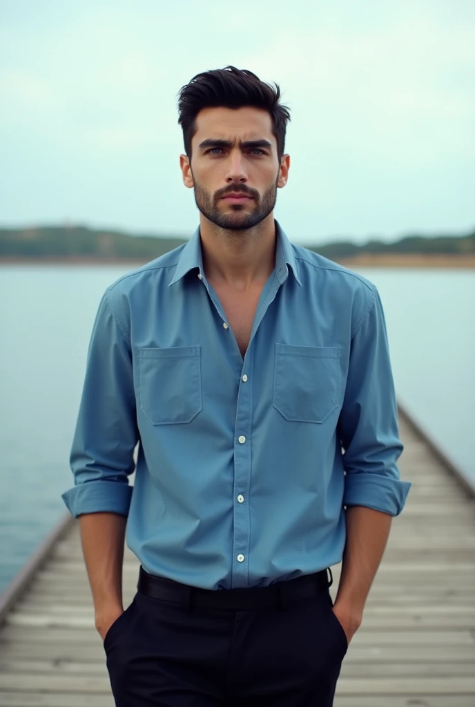 Image of a white man, model type, at 3, blue eyes, black hair, wearing a blue shirt and black pants in the distance on a wooden pier lake in the Alentejo. Flat background and realistic image taken from a mobile phone

