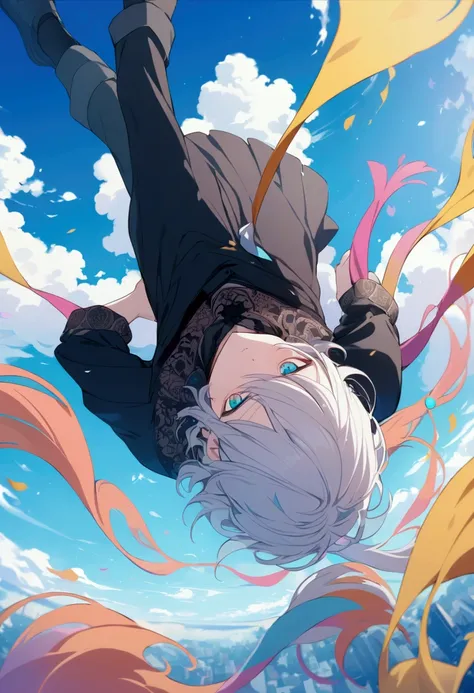 Anime , colourful , boy , 4K , fall from sky ,