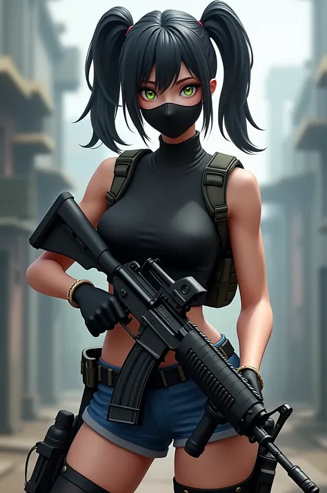 Avatar in pubg mobile style. A girl with black hair and two short ponytails. On the face is a black mask with green eyes. The girl is wearing a black top and black gloves. Blue shorts on the hips. Kalashnikov assault rifle in hands