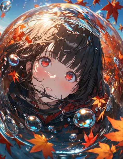 strong feeling、Looking up at the sky、autumn leaves、autumn leavesの葉、autumn、Shortcuts、blunt bangs、Red eye color、Super detailed, 8k, bubble, Right blue water, nice, bright、BLACK Hair Girl、Splash