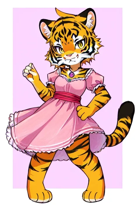 drawing of a cat with a pink dress and a yellow tail, anthropomorphic female cat, anthropomorphic tiger, sora as a cat, an anthro cat, full color drawing, colored sketch, anthro cat, traditional art, tony the tiger, anthropomorphic cat, ((tiger)), colored ...