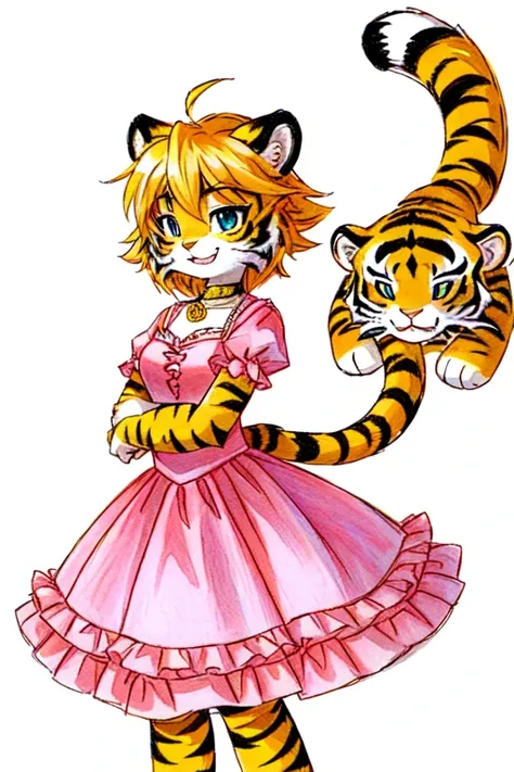 drawing of a cat with a pink dress and a yellow tail, anthropomorphic female cat, anthropomorphic tiger, sora as a cat, an anthro cat, full color drawing, colored sketch, anthro cat, traditional art, tony the tiger, anthropomorphic cat, ((tiger)), colored ...