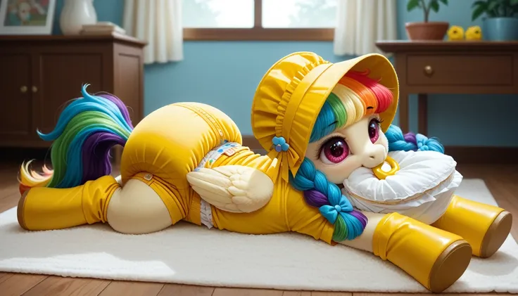 blue pony pegasus alone, blue wool, adult filly, rainbow mane, gathered in a yellow bonnet, rainbow tail, cherry eyes, sits in the room on a soft play mat, dressed in a yellow bodysuit with holes for wings and yellow booties, yellow pacifier in mouth, solo...