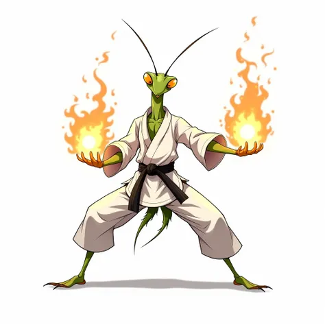 White background　Mantis wearing a gi　Anime with fireballs　