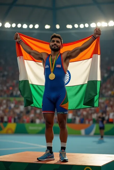 Triumphant Moment at the Olympics: Sushil Kumar standing on the Olympic podium, wearing his wrestling attire and holding the Indian flag. The background shows an excited crowd and a large Olympic banner, capturing the moment of his victory with a gold meda...