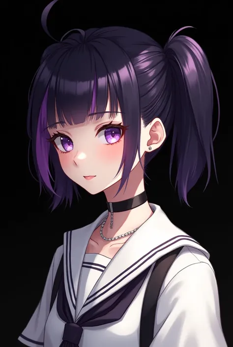 masterpiece,One girl,Alone, A light smile, Metal Necklace, White shirt, Modern school uniform, accessories, Purple and black hair color, Unique Hairstyles, stylish, Black background