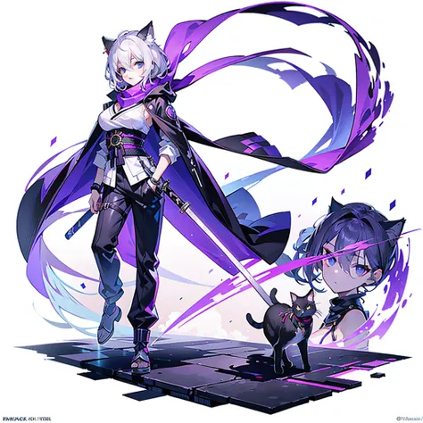 1个Giant Breast Girl，solo，(loli picture)，（（（white color hair））），（flatchest），Delicate face and beautiful eyes，Delicate hair，A particularly long strand of side hair)，(Cat Ear Hood)，One eye is covered by a hood，scarf，(White background 1：：5)，standing painting s...