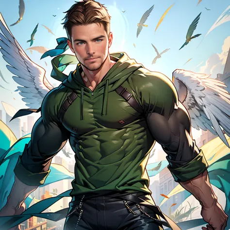 Clear background、A handsome tall man standing (((Stephen AMELL))) ,He is 45，Thin waist yet muscled，The pectoral muscles are well developed, He is 175cm tall，Weight 72 kg、blue-green eyes、brown hair color、short hair、Topless with 2 huge angel wings、looking in...