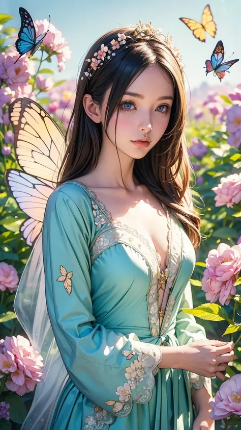 Beautiful girl in a fairy costume, Surrounded by flowers and butterflies. content: Watercolor. style: Whimsical and delicate, Like an illustration in a children&#39;s book.