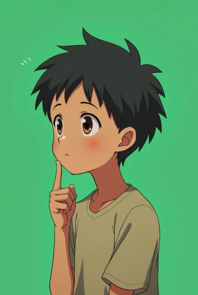 Make a anime boy, brown eyes and a slight brown skin,explaining something, sighs, 1, no beared, 
green screen