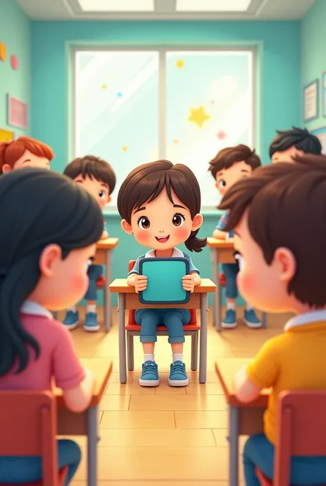 A cute big classroom picture in which students are sitting with discipline and there faces are towards my mobile screen. The image is in cartoon form.