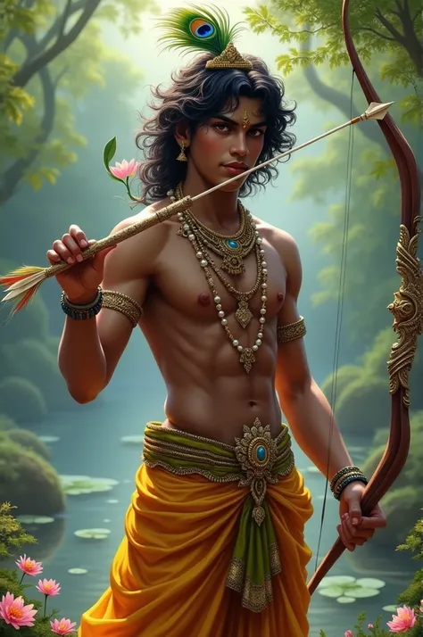 Krishna with flute and archery stuck on thumb of leg