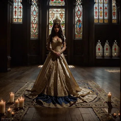 a medieval fantasy wedding, a handsome king in ornate royal garments, a beautiful foreign princess in an elegant lace dress, medieval castle interior, stained glass windows, ornate chandeliers, candles, rose petals, sunlight streaming through windows, emot...