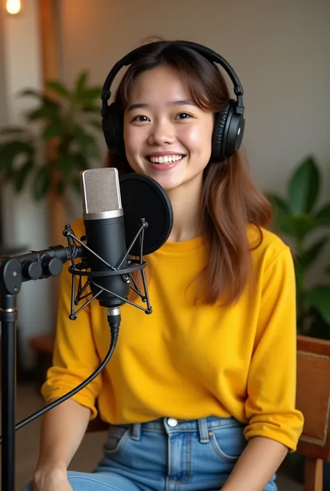 A girl wearing yellow 3/4th sleeves top and blue jeans sitting in front of podcast mic.with smile