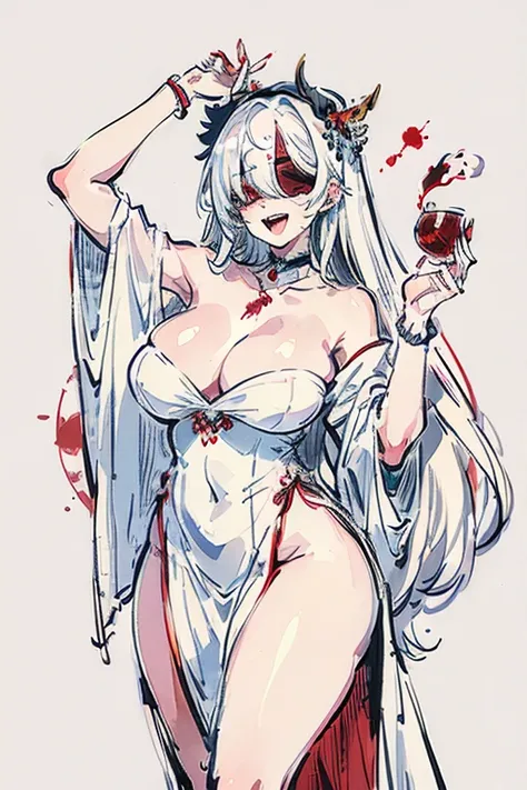 (masterpiece), best quality, expressive eyes, perfect face, 

blindfold women, ornament on blindfold, veil over the head, White hair, choker,  off shoulder white long gown, white nails, clock and blood background, tsukimi, csr style, hand hold antique brac...