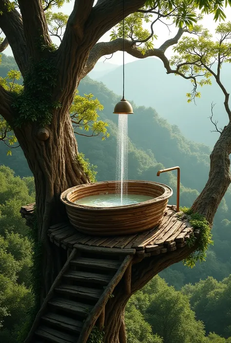 A bath tub on a tree that is made of branches and has a shower above.it is in the forest and is on a tall tree that has a great view