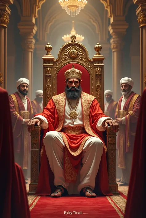 "A grand royal palace with King Raghubir Singh, a noble-looking man in royal attire with a crown, sitting on his throne, surrounded by ministers and soldiers, symbolizing his wise and kind rule."