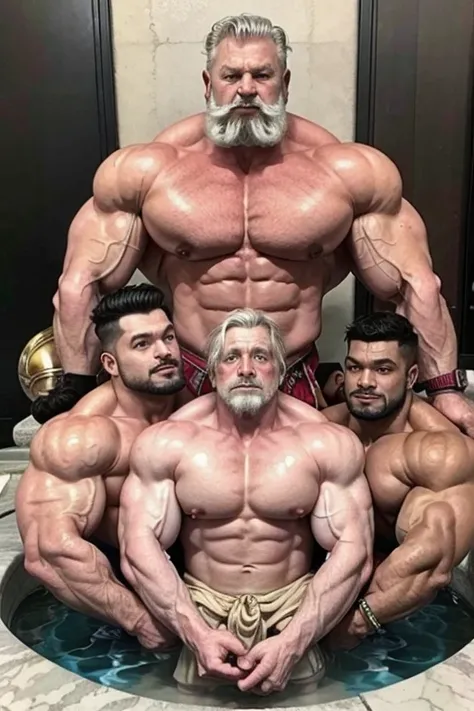 Hyperrealistic image of a smiling elderly Indian Maraha bodybuilder warrior, surrounded by other muscular men with bare torsos, with white hair with huge grey handlebar mustaches in his 80s and very corpulent,, very sweaty, large flaccid breasts with huge ...