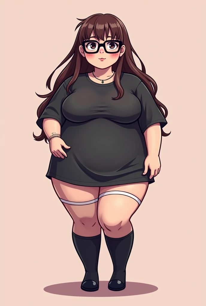 goth bbw busty girl long messy brown hair with glasses oversized tshirt panties and long socks chibi illustration 