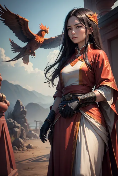 A woman with Phoenix bloodline，Staring coldly into the distance，Looks pure and clean，Don’t let anyone taint the overlooking camera, 
Chinese style