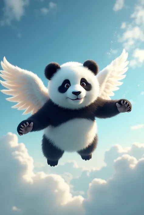 Panda with angel wings fly in the sky