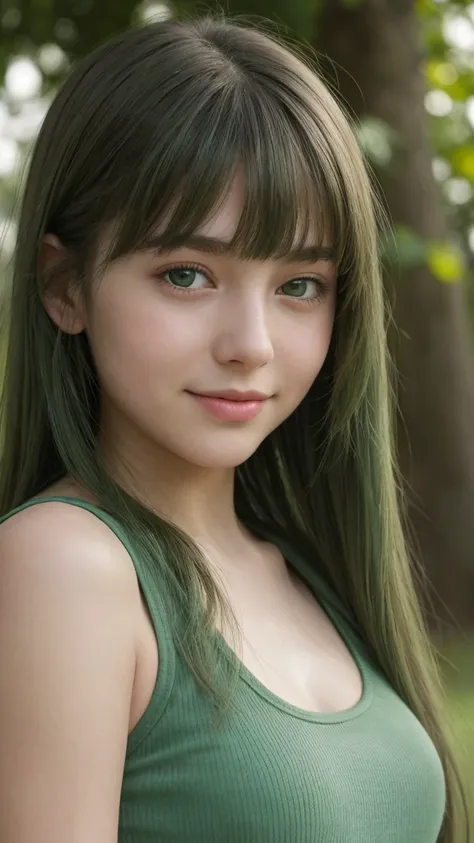 a girl. european. shy. extremely detailed face. oval face. delicate features. half-closed eyes. green eyes. long, straight, very thick hair. bangs. green hair. rosy cheeks. tank top. gentle smile. 2/4 portrait