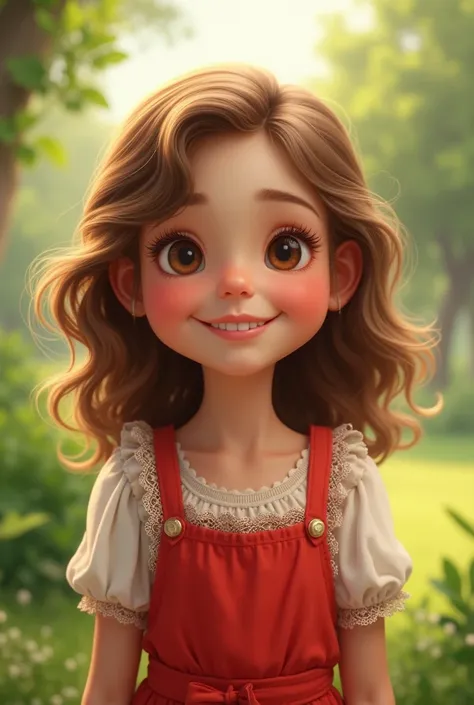 A  girl with light brown curly hair is the main subject. She has rosy cheeks, suggesting that she may have been playing outside or enjoying some fresh air. Your smile is bright and welcoming, big eyes. The girl is wearing a red dress with white lace trim o...