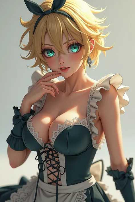 Izuku Midoriya with blonde hair and blue eyes wearing a body revealing maid outfit doing the ahegao face 