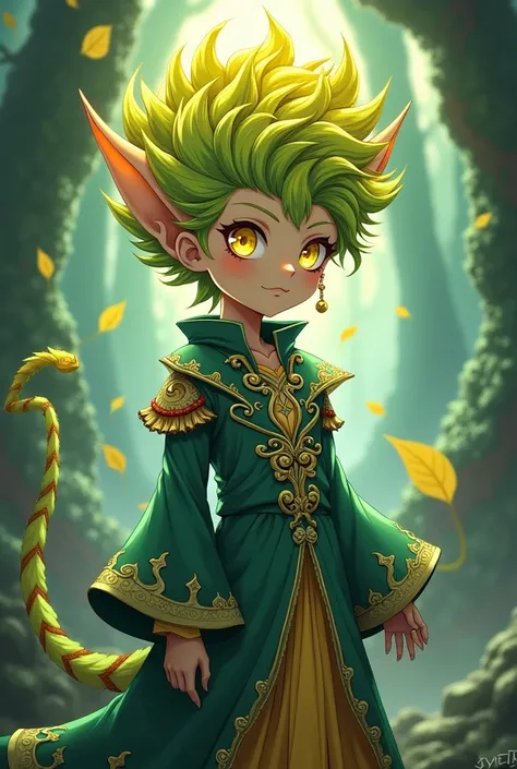 Anime boy demon hair style funk yellow eye green boy dress animal bagheera