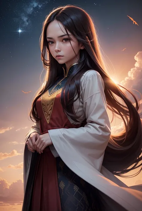 A woman with Phoenix bloodline，Staring coldly into the distance，Looks pure and clean，Don’t let anyone taint the overlooking camera, 
中國風long hair, long hair, There is a pattern on the forehead, Backlight, Vignette, 
The background feels like a starry sky