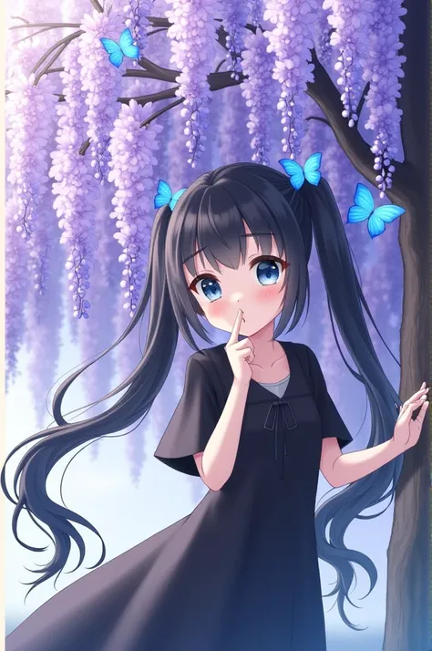 Anime fille cute longs cheveux noirs attachés en couettes avec des papillons bleus dans les cheveux yeux bleus en robe noire a côté dun arbre à glycines violettes