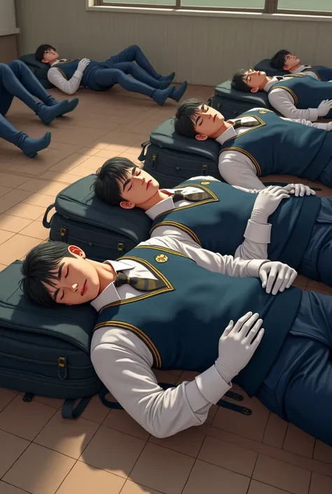 Perfectly super realistic muscular cadet gentlemen are sleeping at the school hall floor with other cadets, wearing perfectly neat suit and tie uniforms, a perfect neat white shirt with school crest, perfect neat striped tie, school shorts, sweater vest wi...