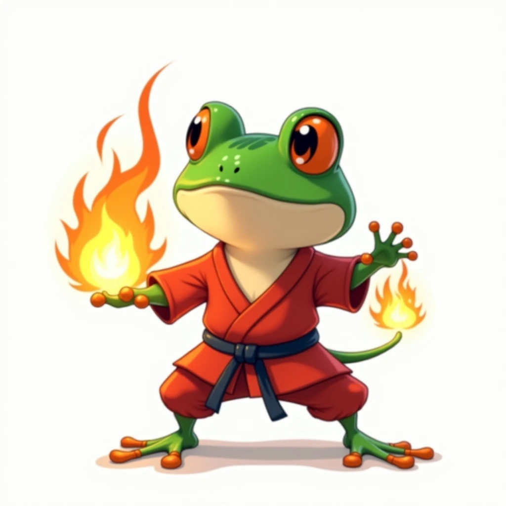 White background　Frog wearing a gi　Anime with fireballs　Game Style
