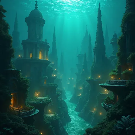 masterpiece, high quality, 8K Ultra HD, highly detailed, fantasy, ((a low-tech ultra-ancient sunken huge magical civilization metropolis that was destroyed by misusing its magical powers)), The sunken continent of Atlantis, majestic, ethereal glow in the d...