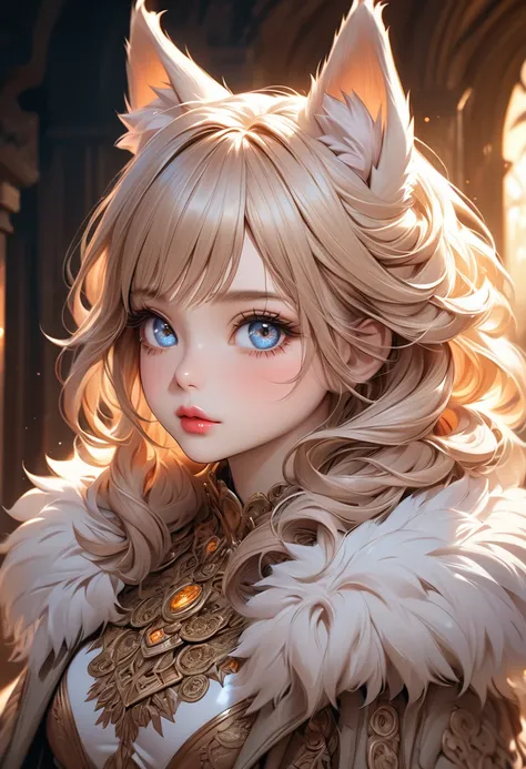 a cute girl in a fluffy, soft, and sexy full-body outfit, wearing a furry coat, beautiful detailed eyes, beautiful detailed lips, extremely detailed eyes and face, long eyelashes, photorealistic, 8k, high quality, masterpiece, fantasy art, warm color palet...