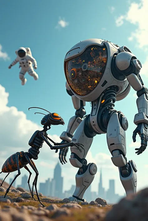 A ant inside the robot with blue sky and building in the background and falling the astronaut 