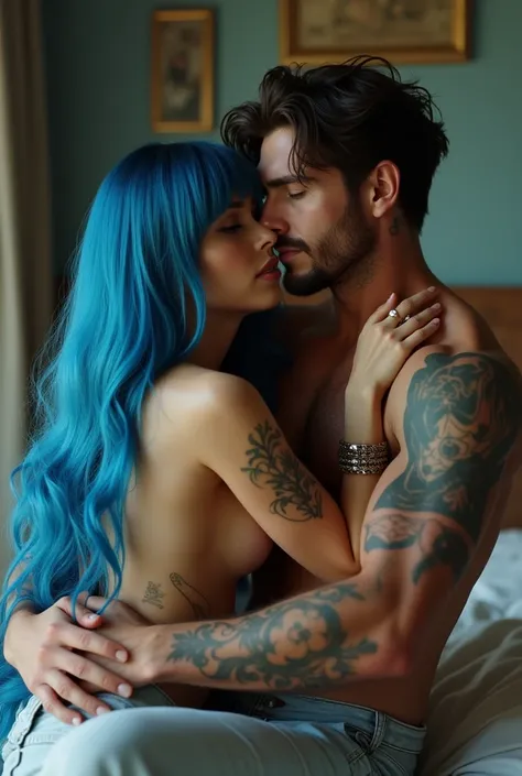 Long straight blue haired girl with bangs tattooed with jewelry kissing in the arms of an attractive 3 man with short brown hair, with wavy tips ,hipster beard with mustache pointing upwards, blue eyes, freckles large and marked muscles, great vices,accent...