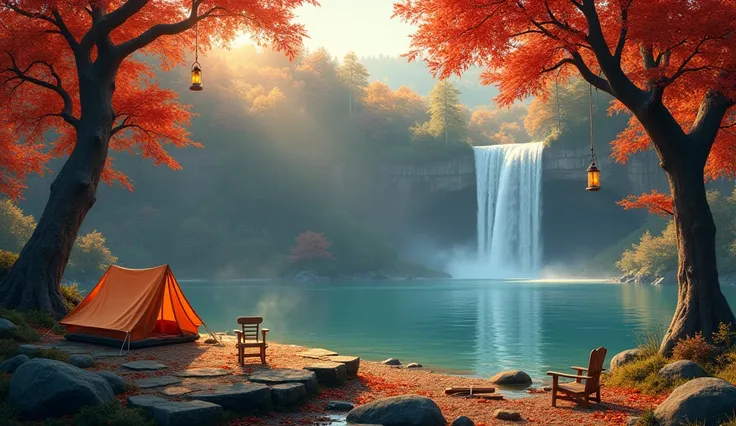 A small waterfall flows from flat rocks into a sapphire blue lake, beside a camping tent with a crackling campfire. Red maple leaves drift on the gentle breeze, gliding across the water, creating a serene and peaceful feeling. Around, wooden chairs and old...