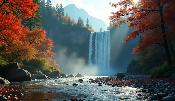 A high waterfall falls freely from the top of a lush, tree-covered rocky mountain, creating a thin mist spreading around. Below, a small river flows gently, dotted with round pebbles covered by falling red maple leaves. Sunlight beams through, creating a f...