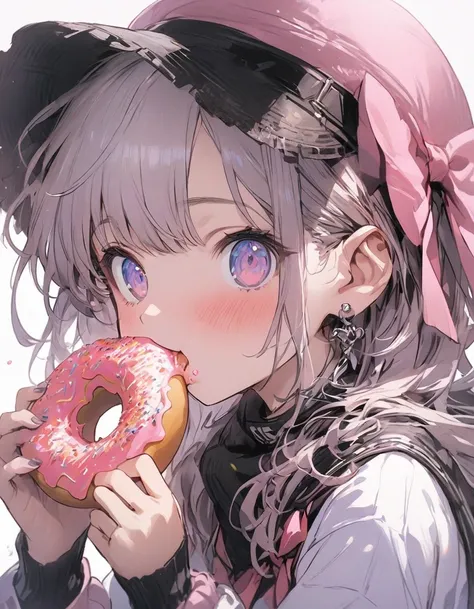 masterpiece、Anime girl eating donuts，Wearing a pink hat and pink bow